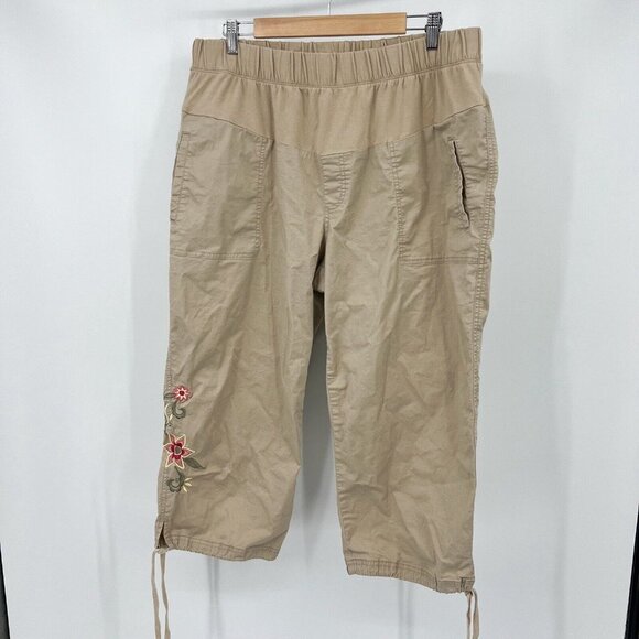 Motherhood Maternity Capri 1X Tan Floral Embroidered Womens Pockets Pullon Pants - Picture 6 of 9